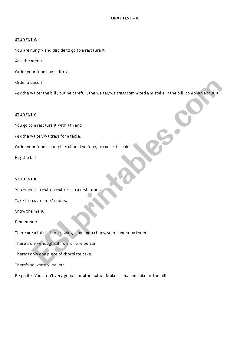 Role Play activities worksheet