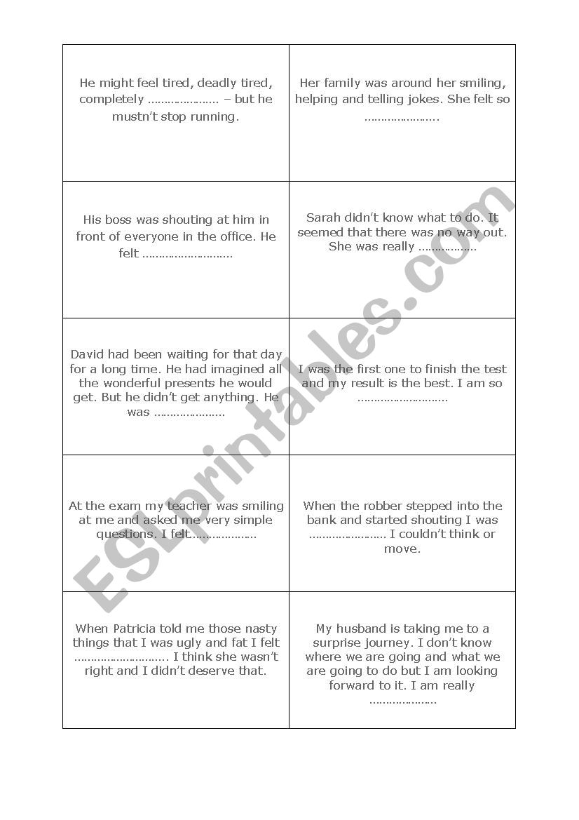 Emotions/feelings vocabulary card game
