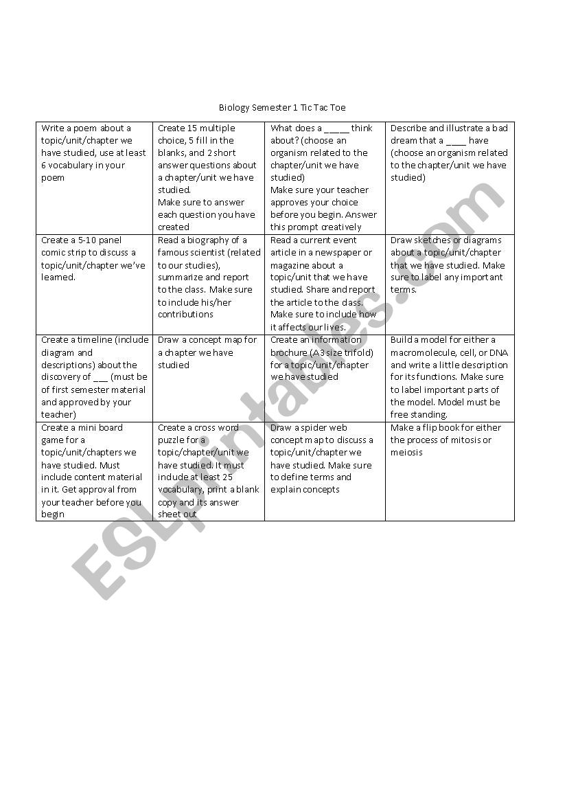 Biology Semester 1 Tic Tac Toe