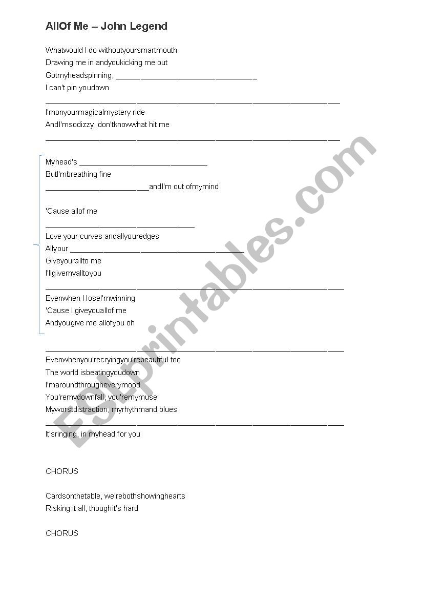 All of Me - John Legend - fill out the blanks