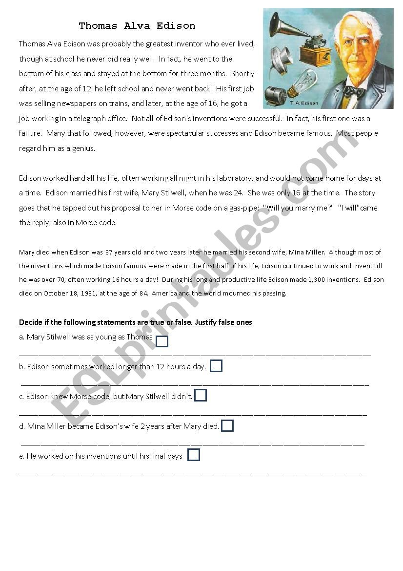 Thomas Alva Edison worksheet