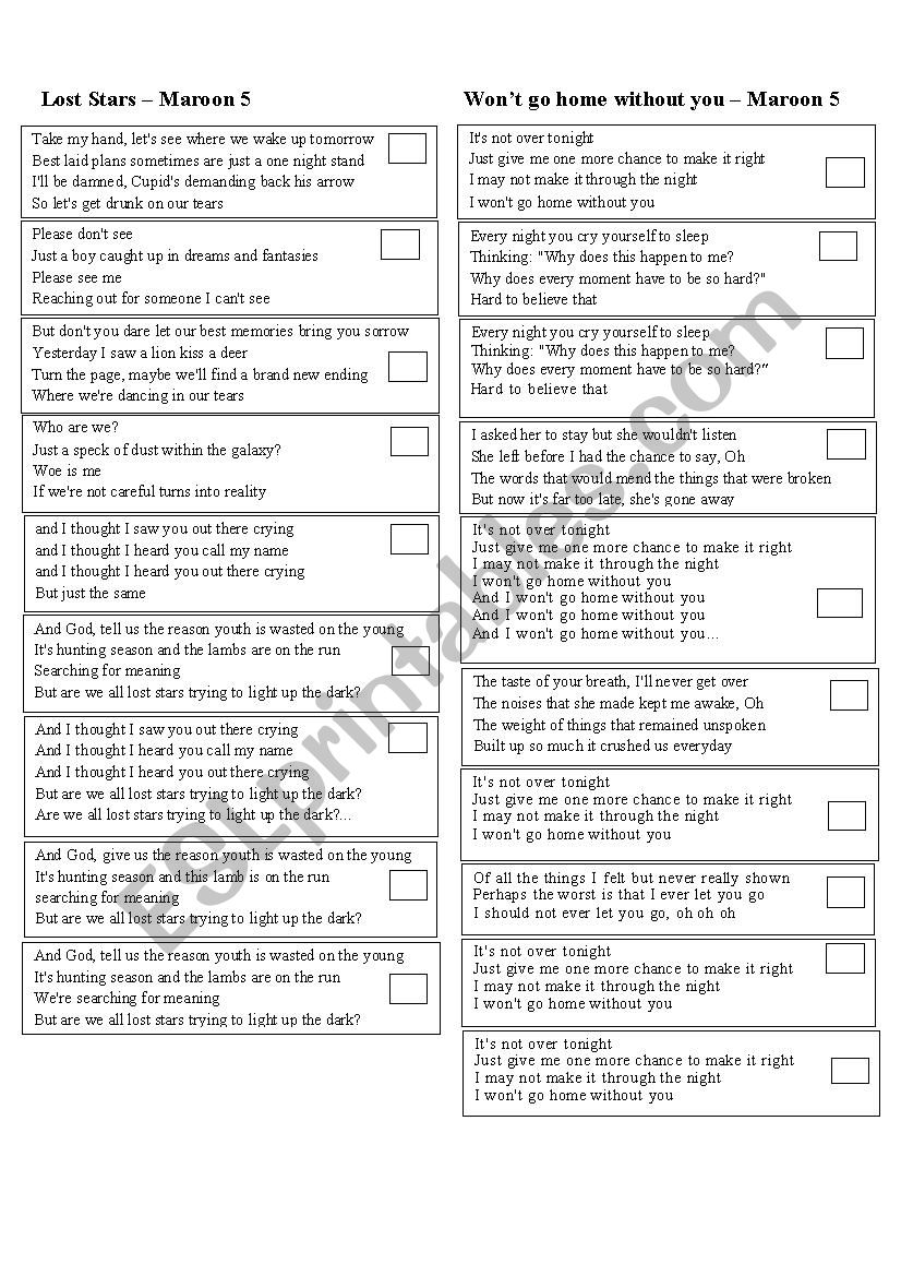 Won’t go home without you & Lost stars - ESL worksheet by Charlie Ruiz Cano