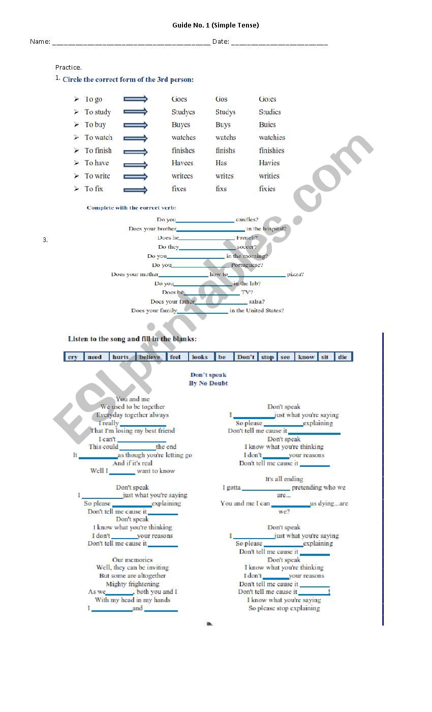 simple tense 3 person worksheet