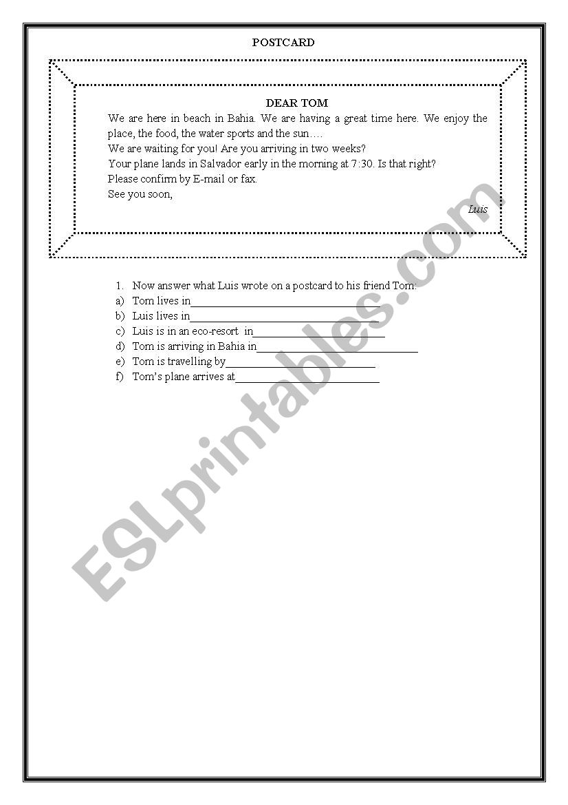 DEAR TOM worksheet