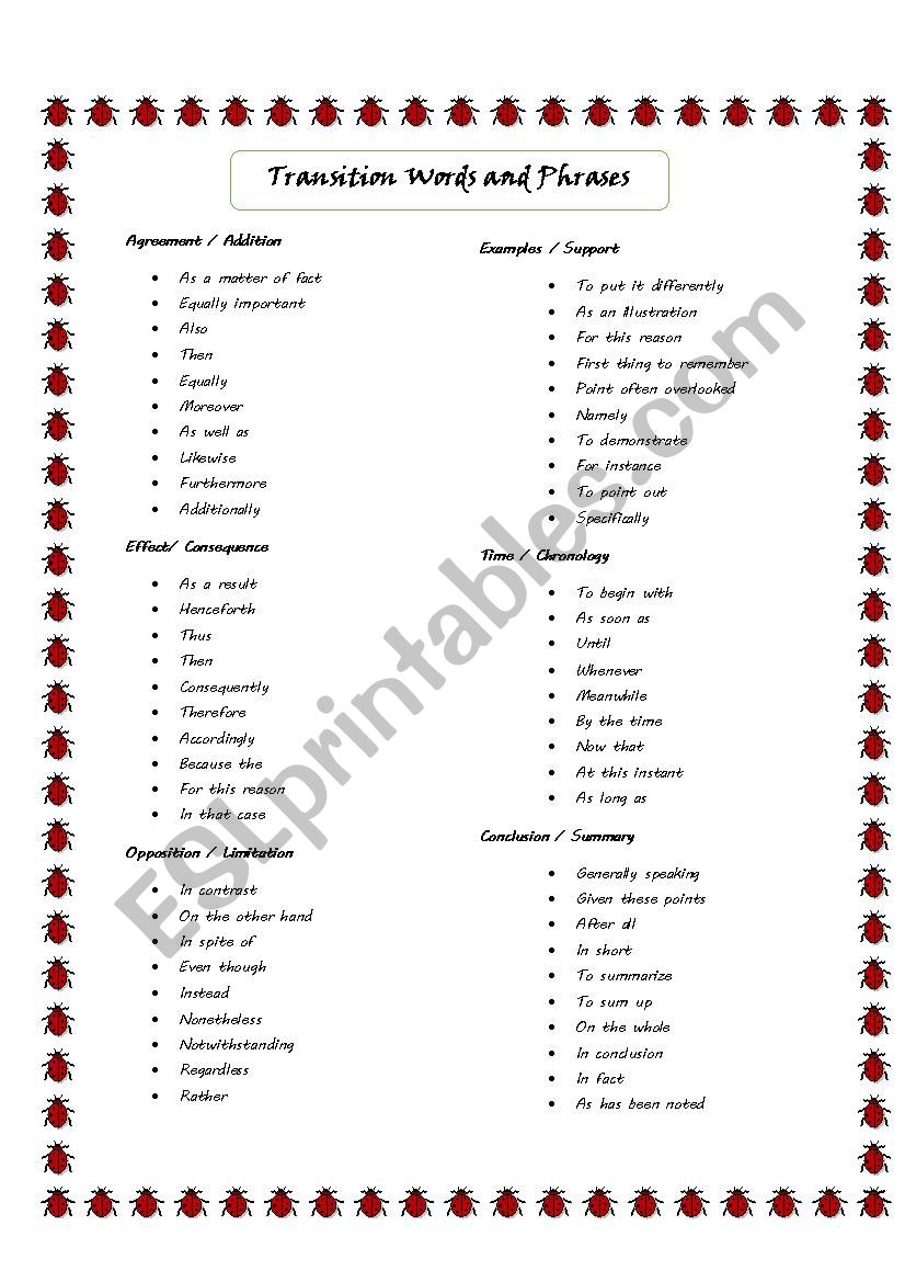 Transition Words and Phrases - ESL worksheet by Marcemar