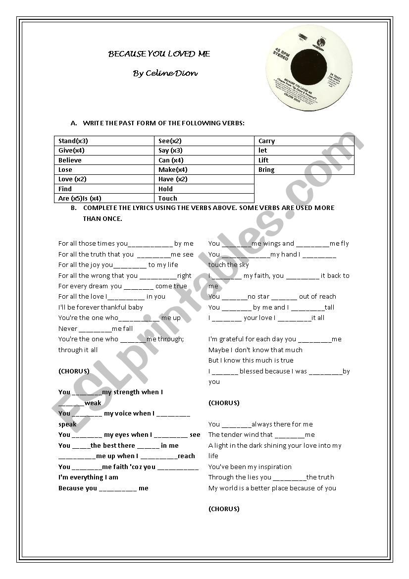 Song: Because you loved me worksheet