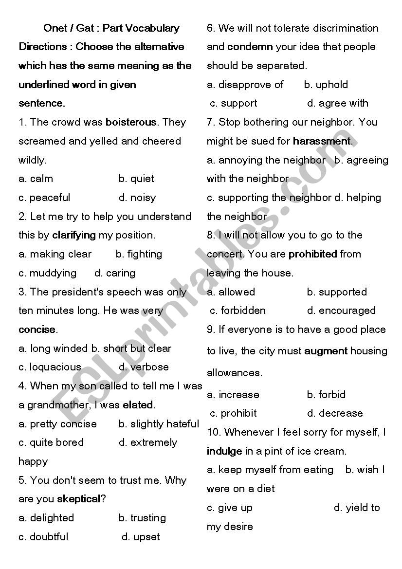 Vocabulary test  worksheet
