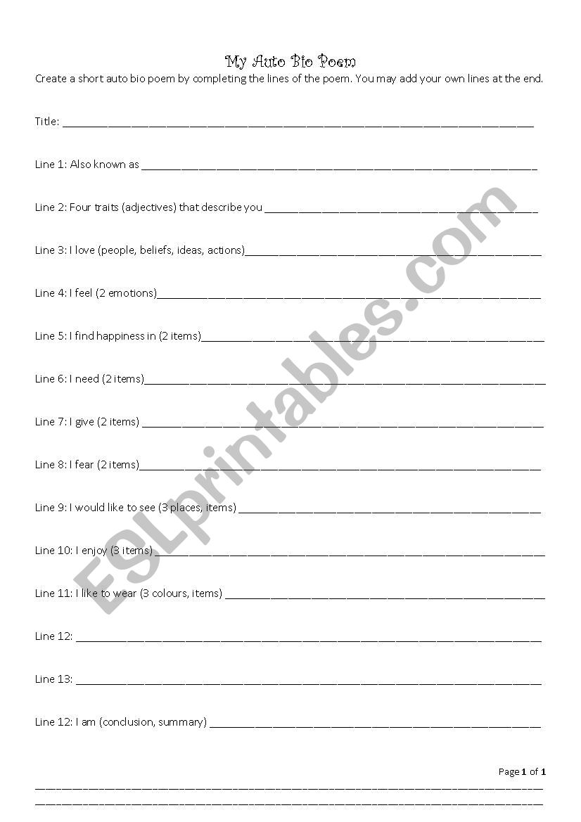 Autobiography Poem worksheet