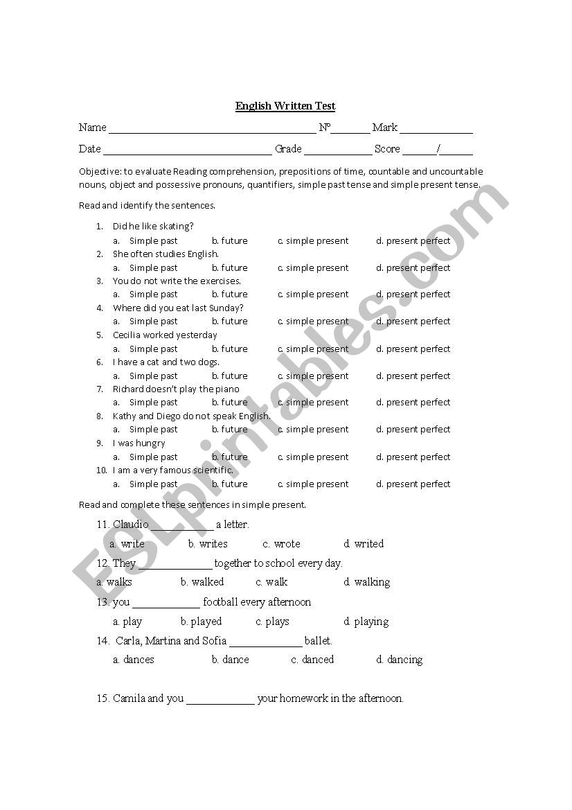 final semster test, grammar resent and past simple, countables, prepositions, reading