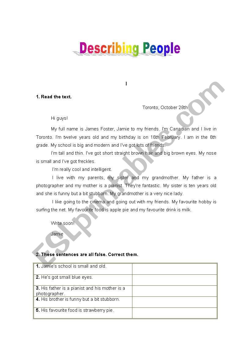 Describing People worksheet