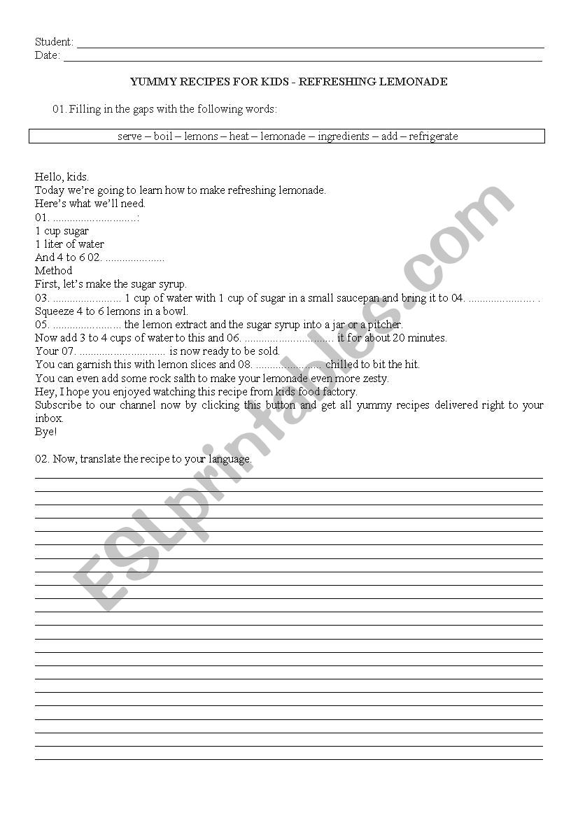 Lemonade Recipe worksheet