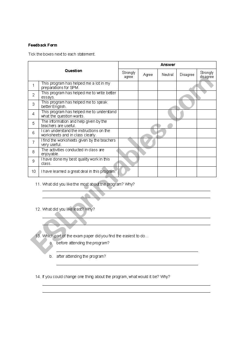 Student survey on the effectiveness of class