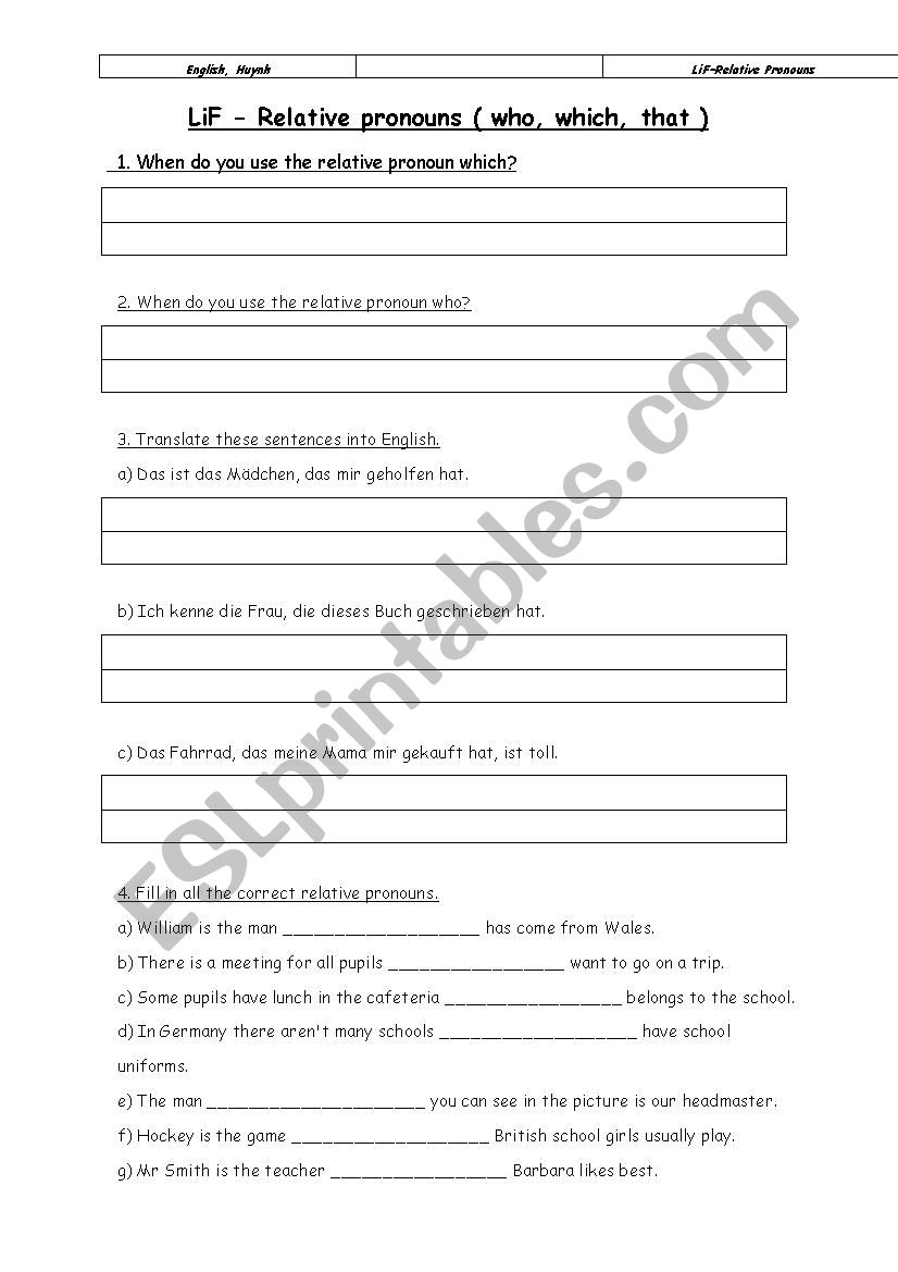 Relative Clause - Worksheet for Germans