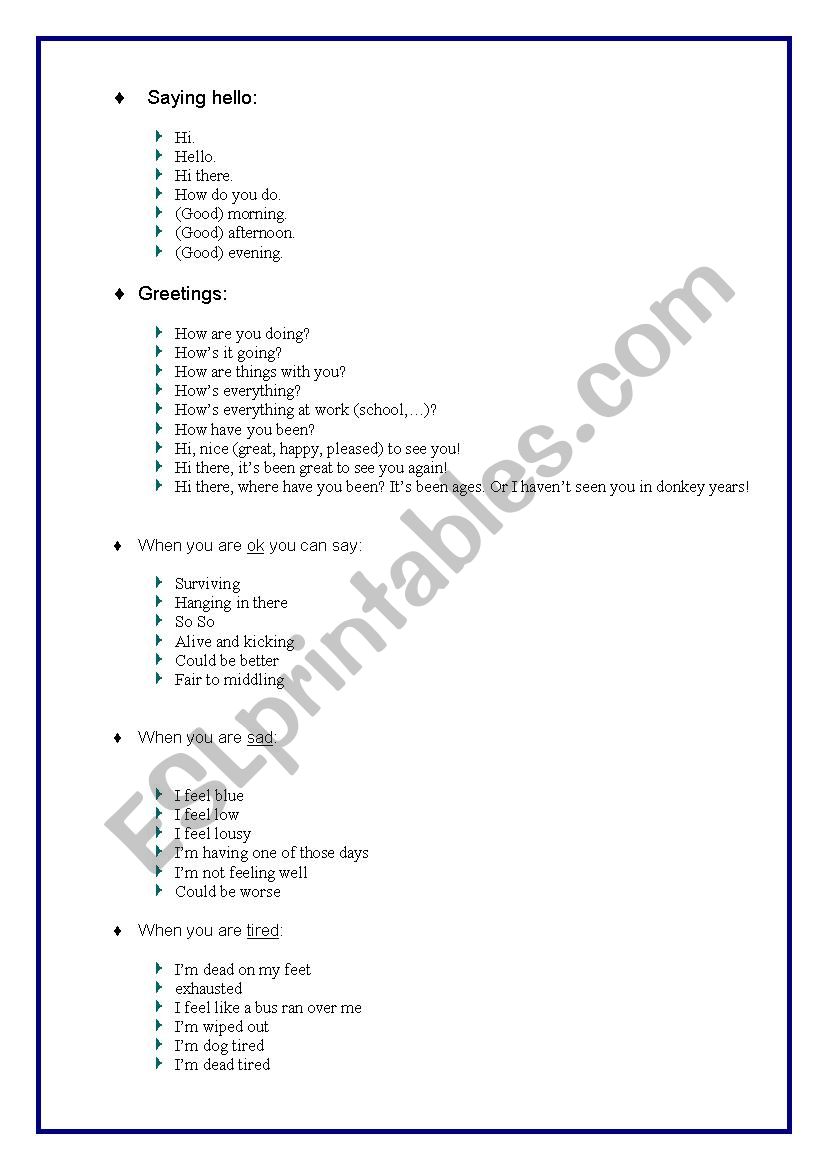 greetings, ways to say hello worksheet