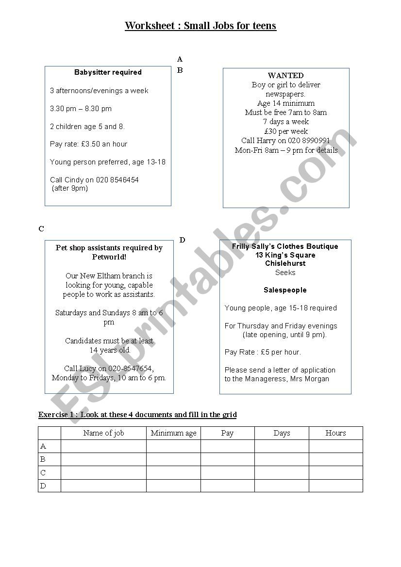small jobs for teens worksheet
