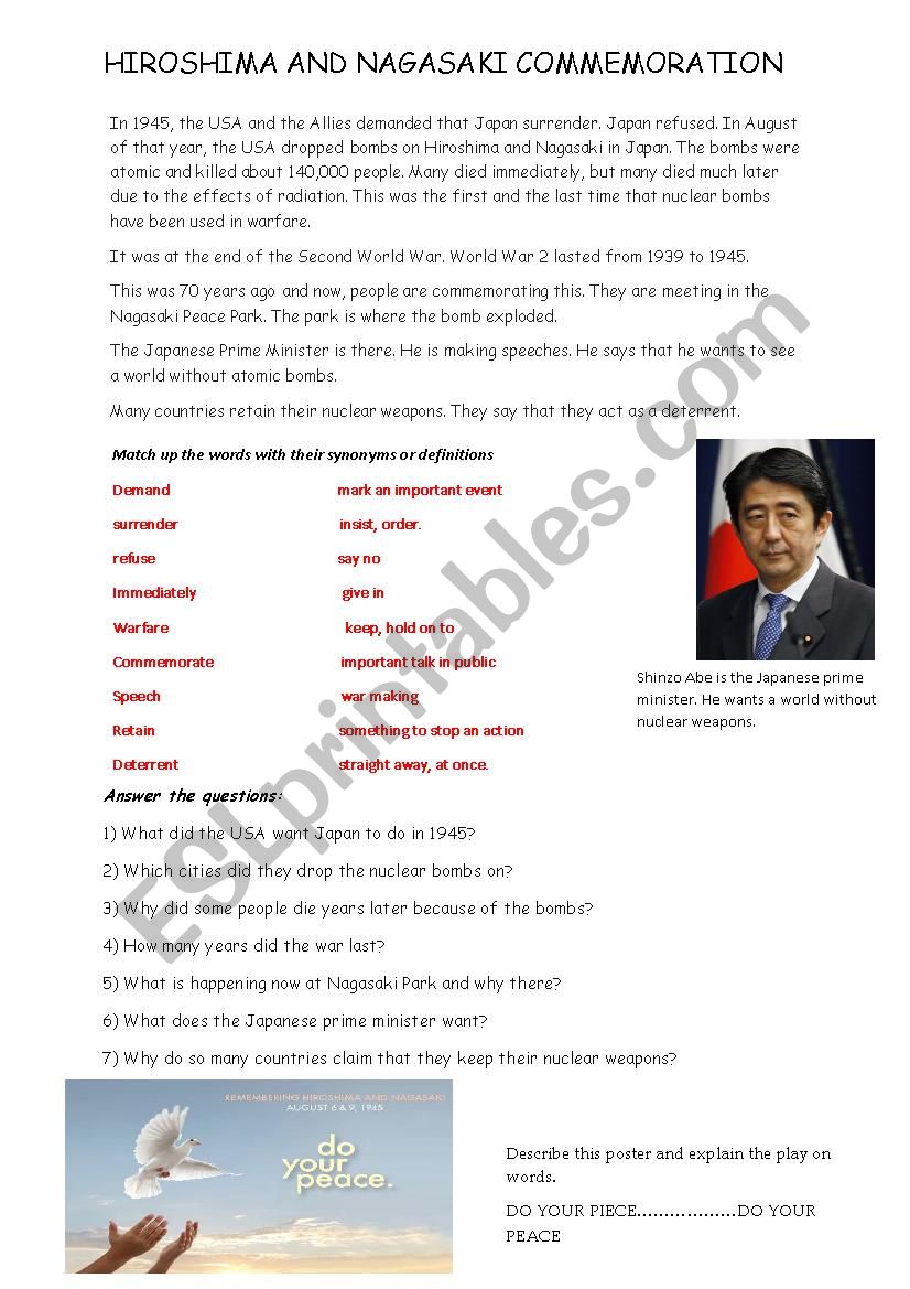 Nagasaki Commemoration worksheet