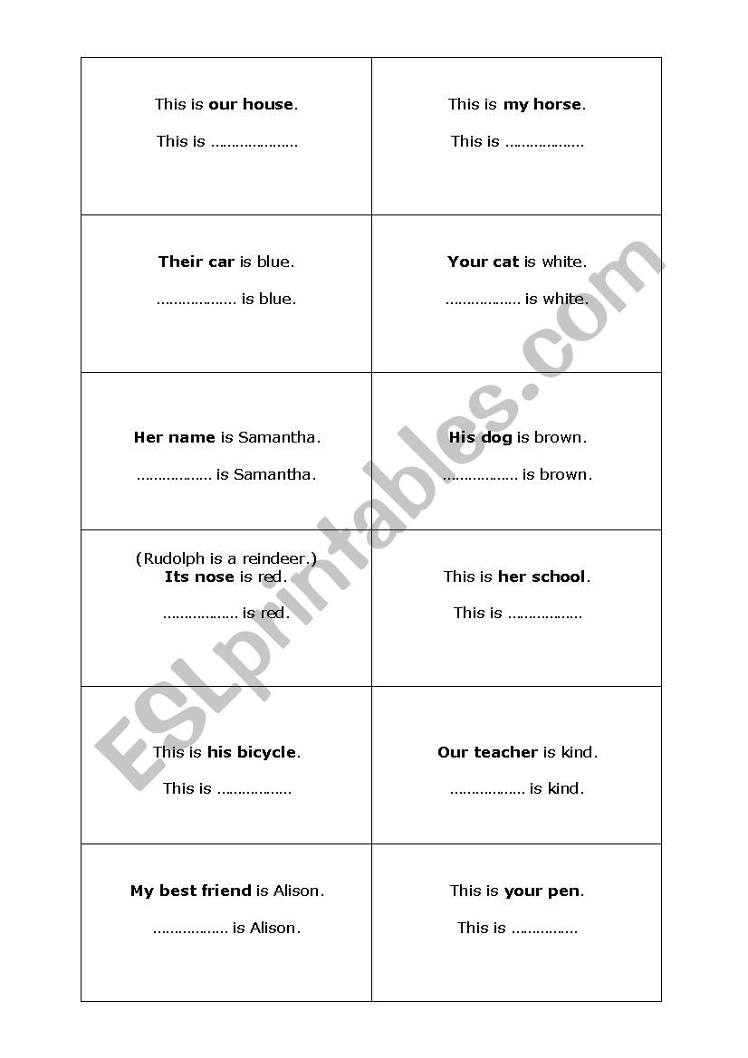 Possesive pronouns card game worksheet