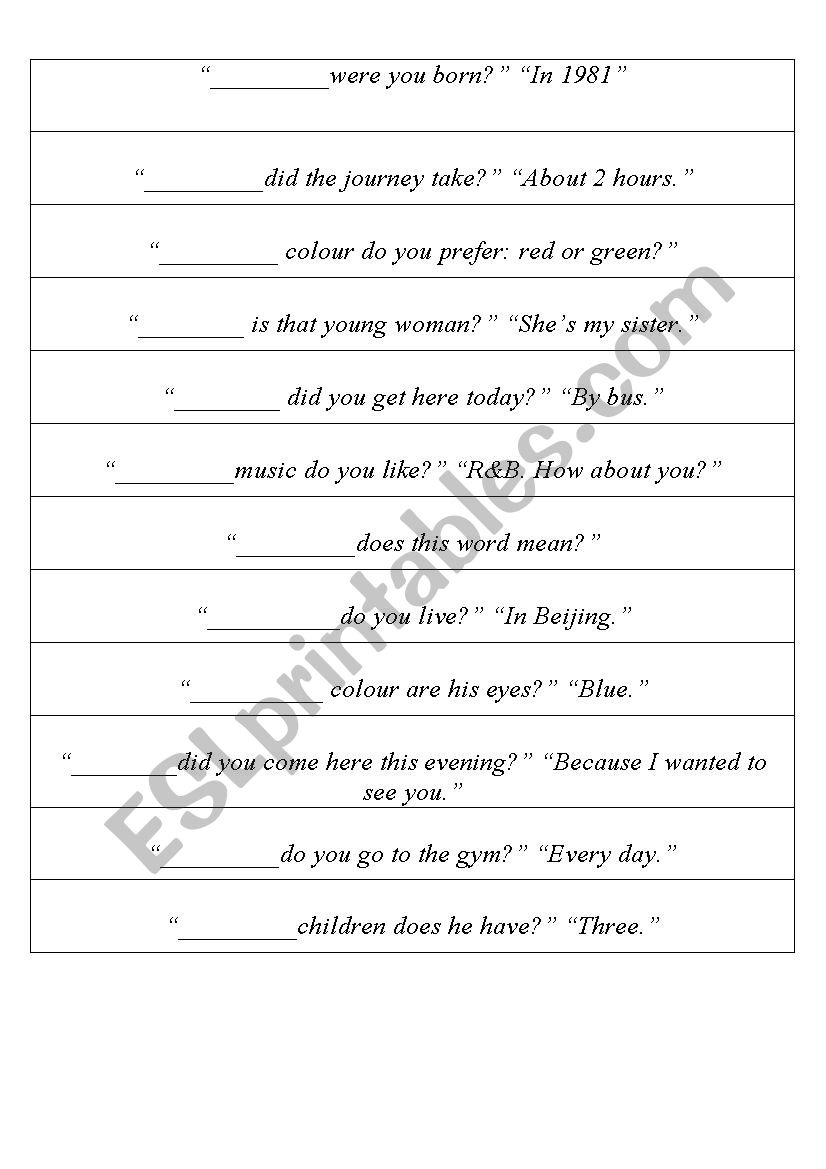 question words  worksheet