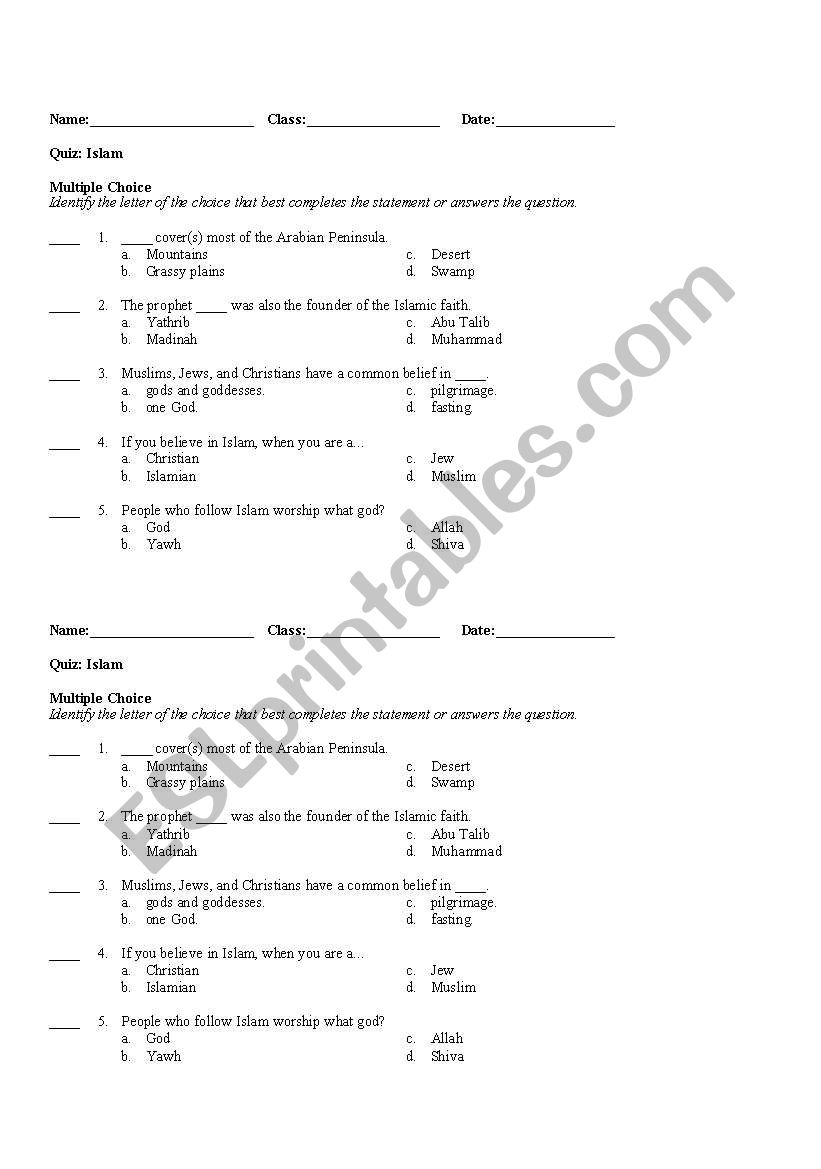 Islam Quiz worksheet