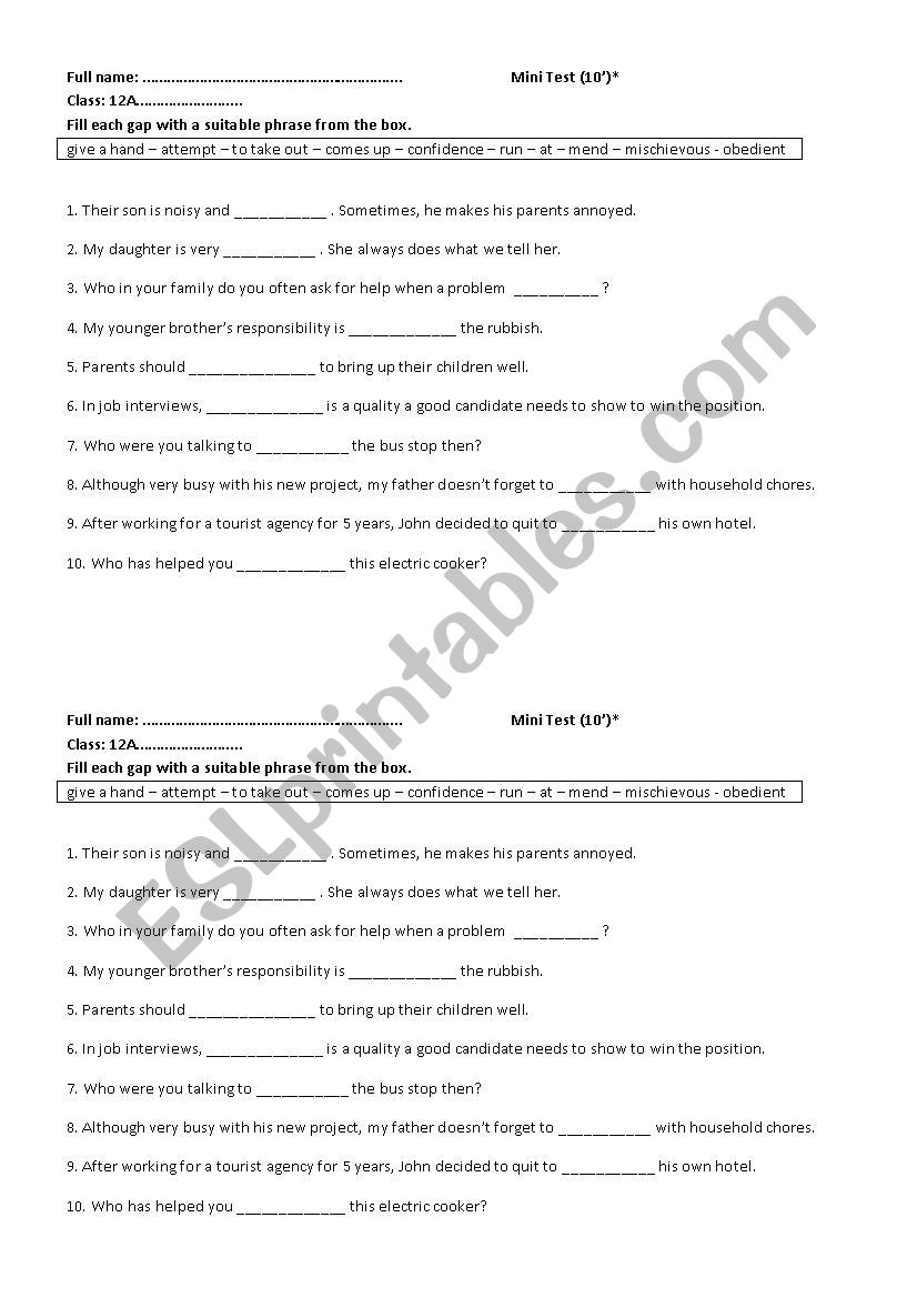 Mini Test worksheet