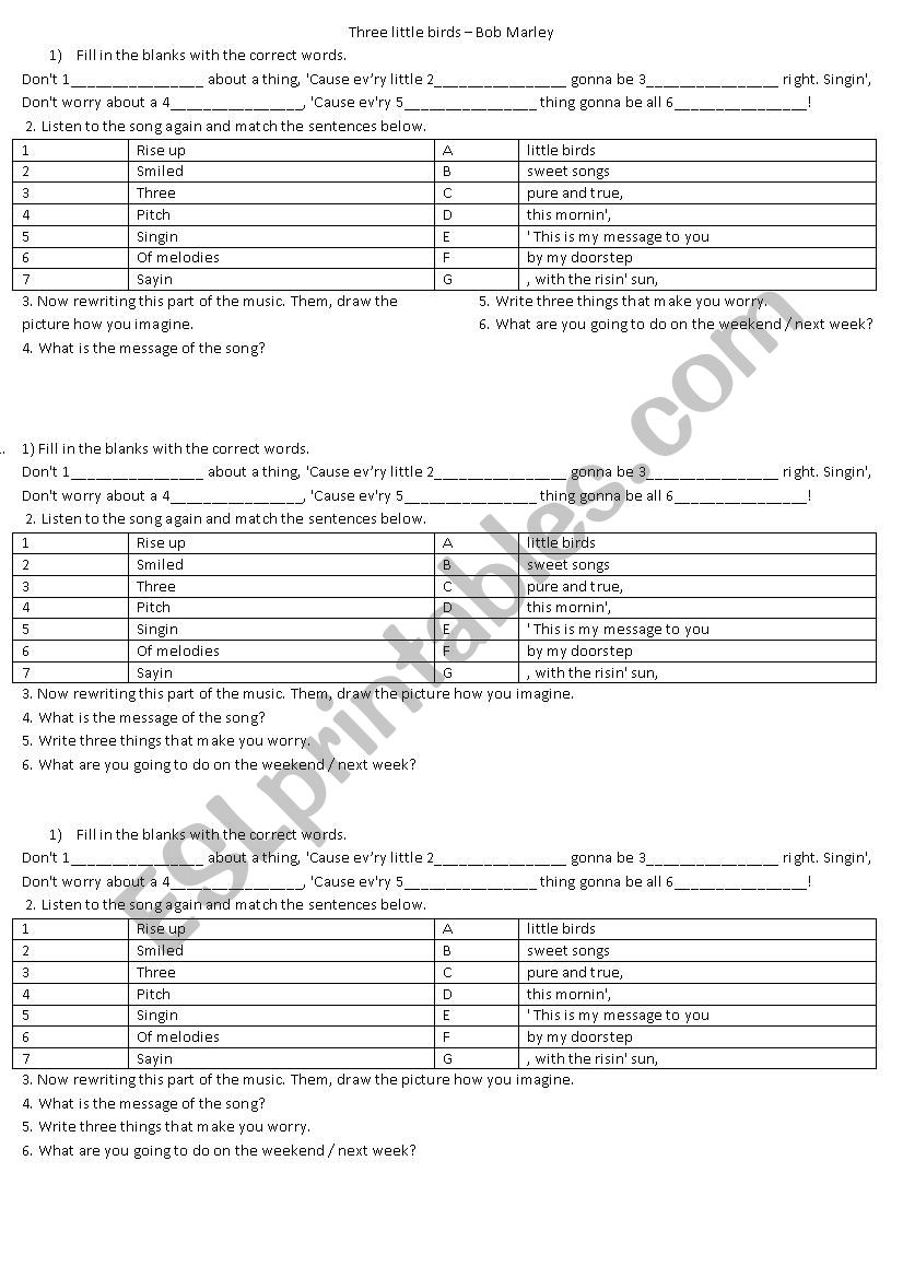 three little birds  worksheet