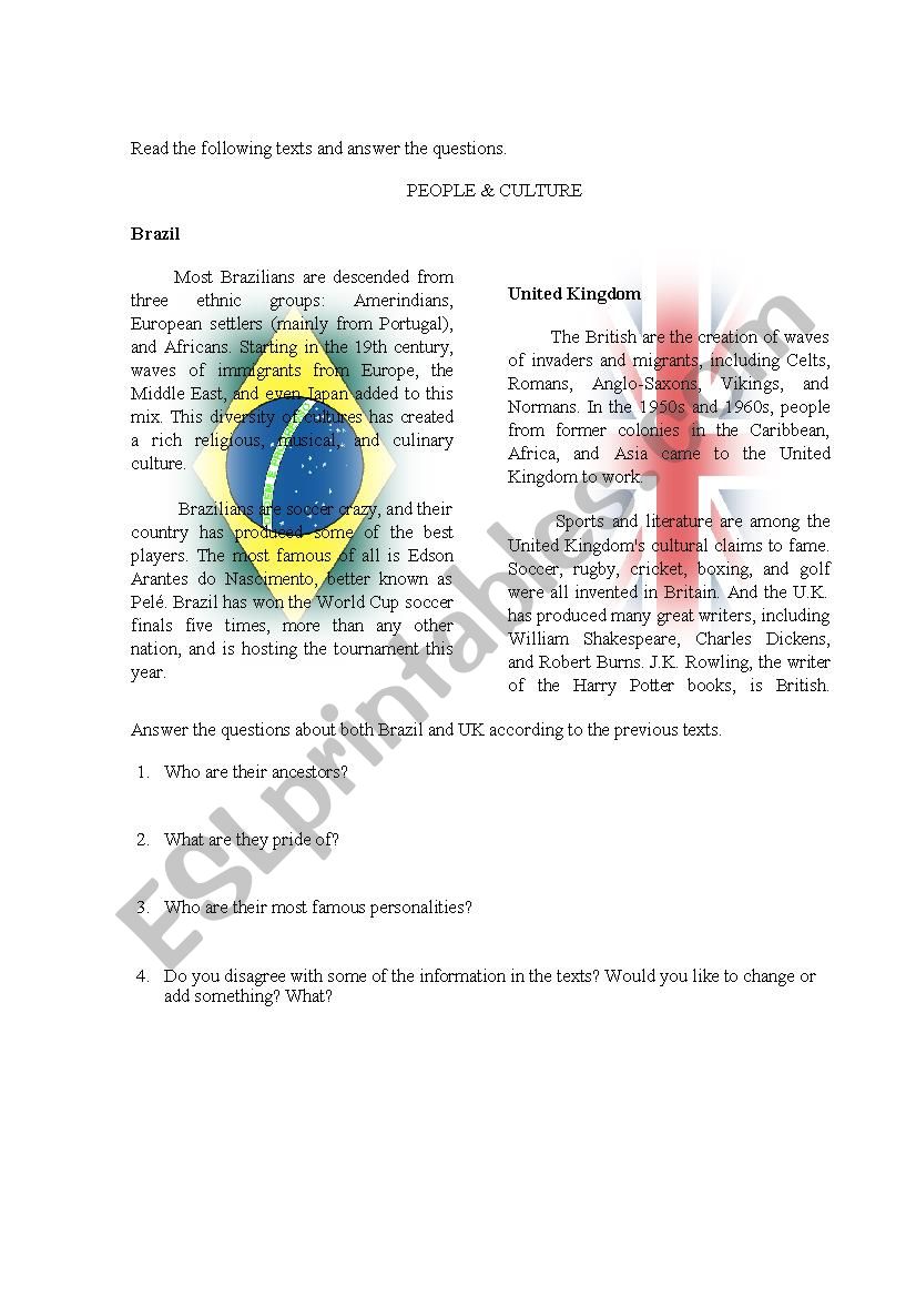 Reading - Brasil &UK worksheet