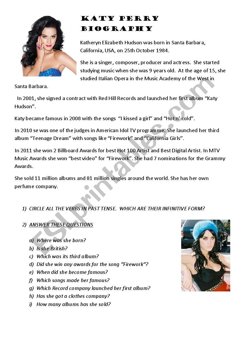 Katy Perry biography worksheet
