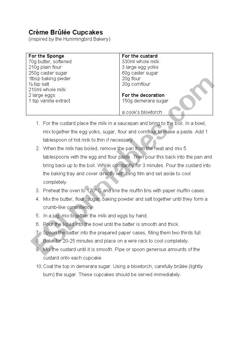 Cupcake recipe worksheet