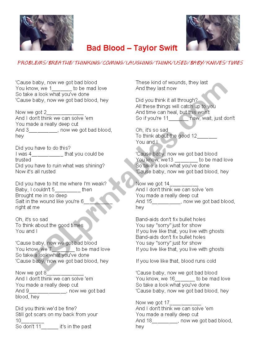Bad Blood - Taylor Swift  worksheet