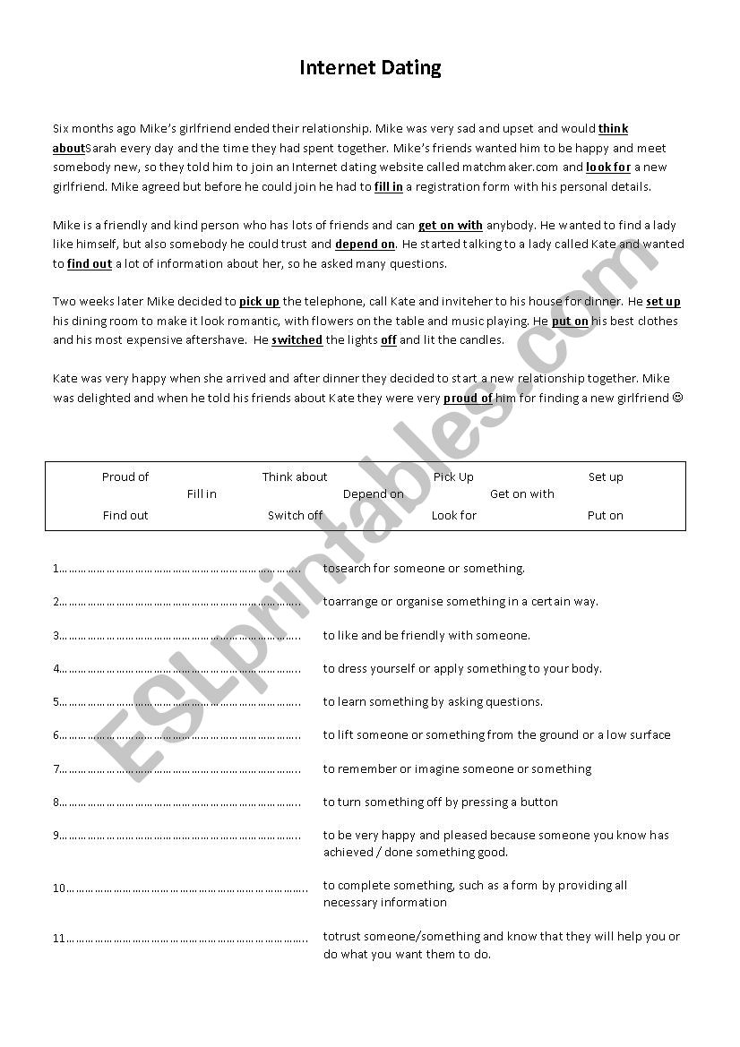 Phrasal Verbs Internet Dating worksheet