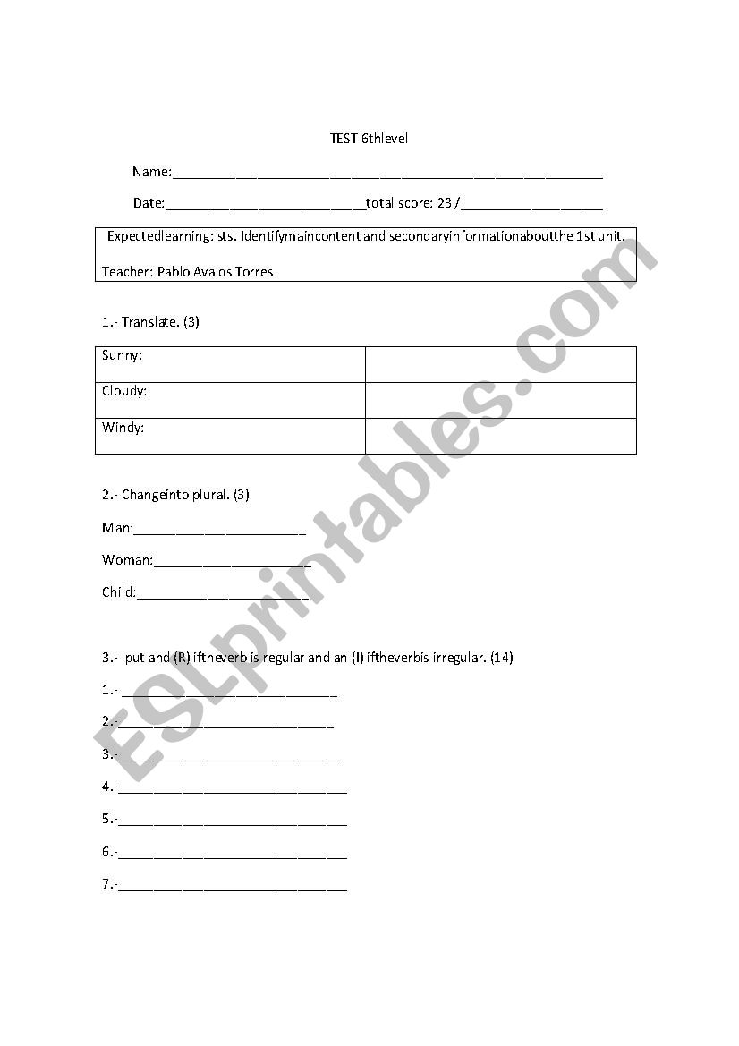WORKSHEET 6Â° BASICO worksheet