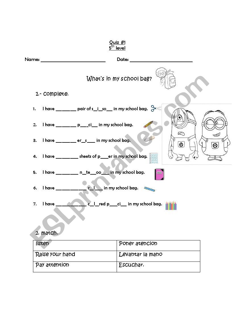 school objects quiz worksheet