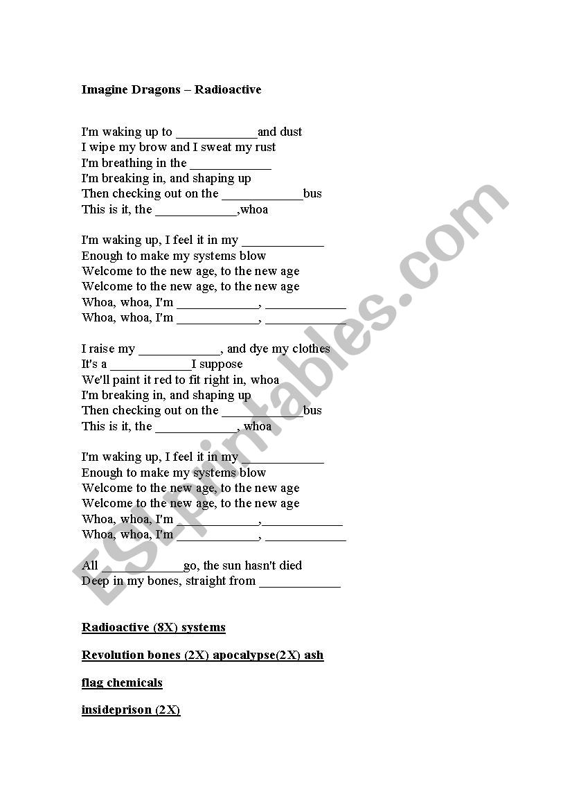 Radioactive - Imagine Dragons worksheet