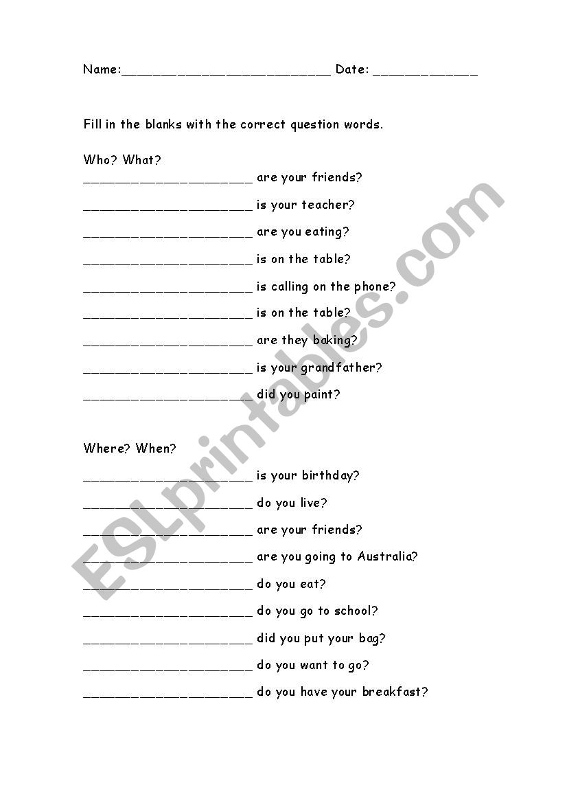 Question Words worksheet