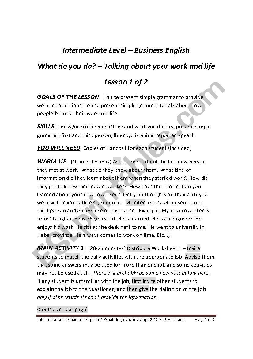 INTERMEDIATE BUSINESS ENGLISH - WHAT DO YOU DO? 1 OF 2