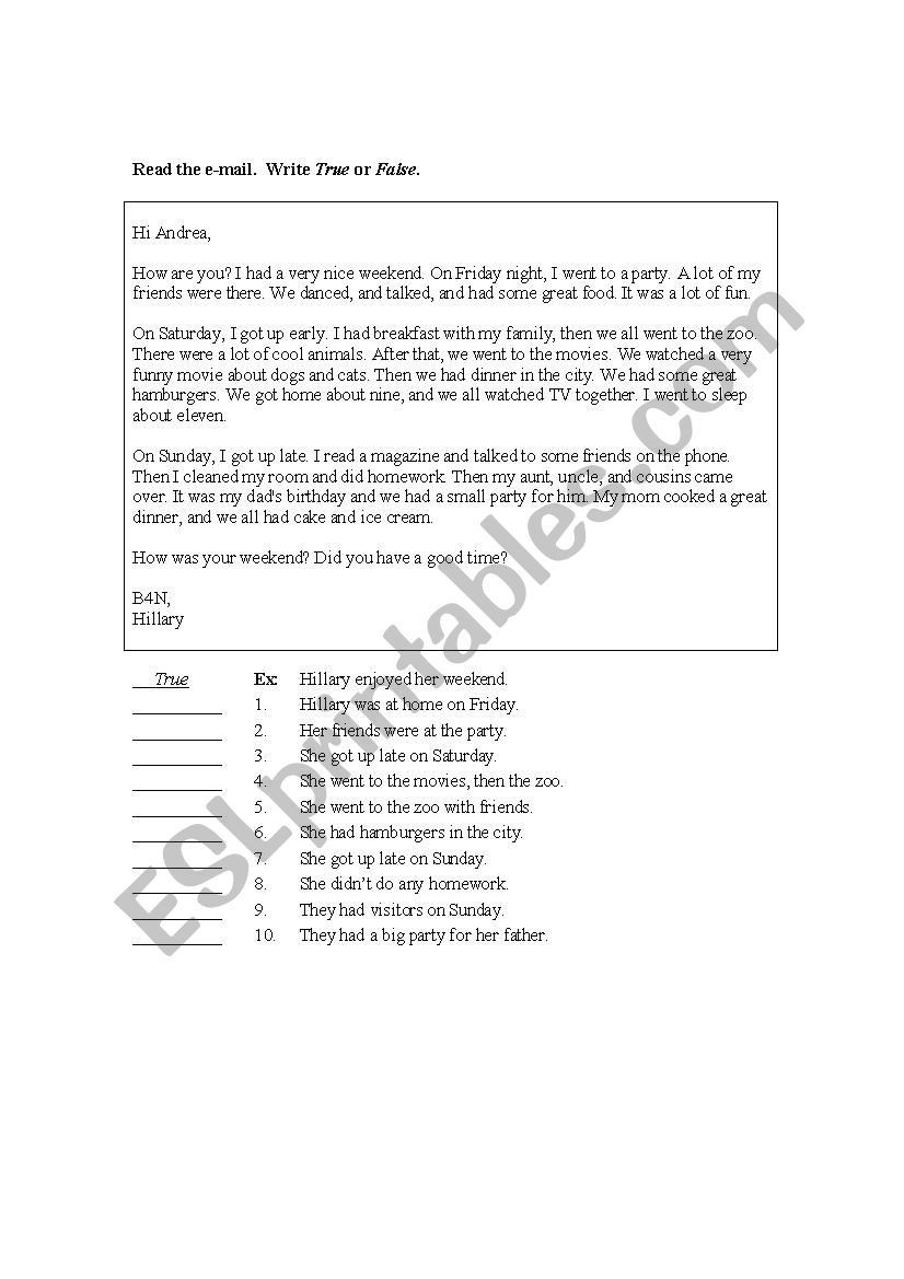 True/False Reading  worksheet