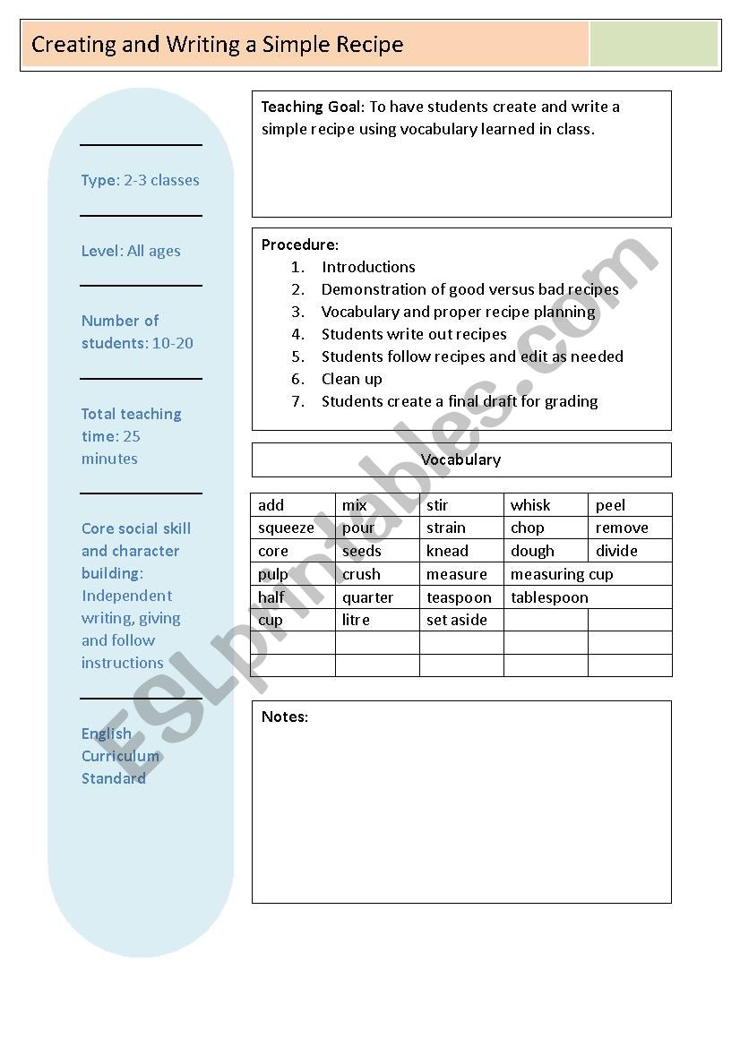 Making a simple recipe lesson plan - ESL worksheet by jtann