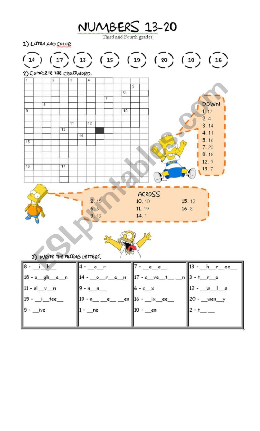 Numbers 1-20 Simpsons worksheet