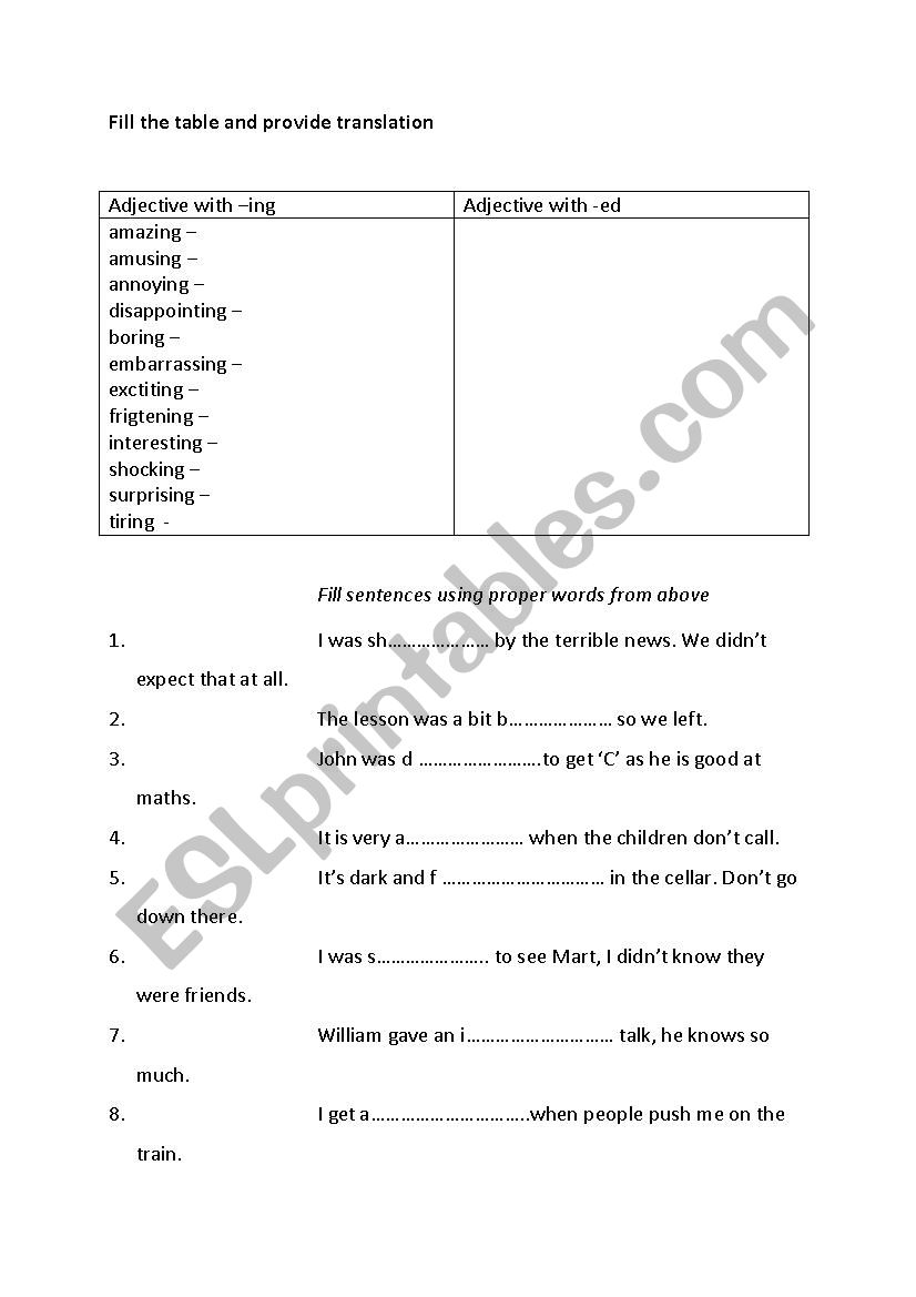 adjectives -ed, -ing worksheet