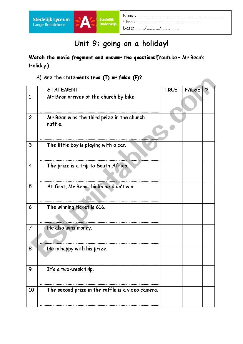 Mr. Bean on holiday worksheet