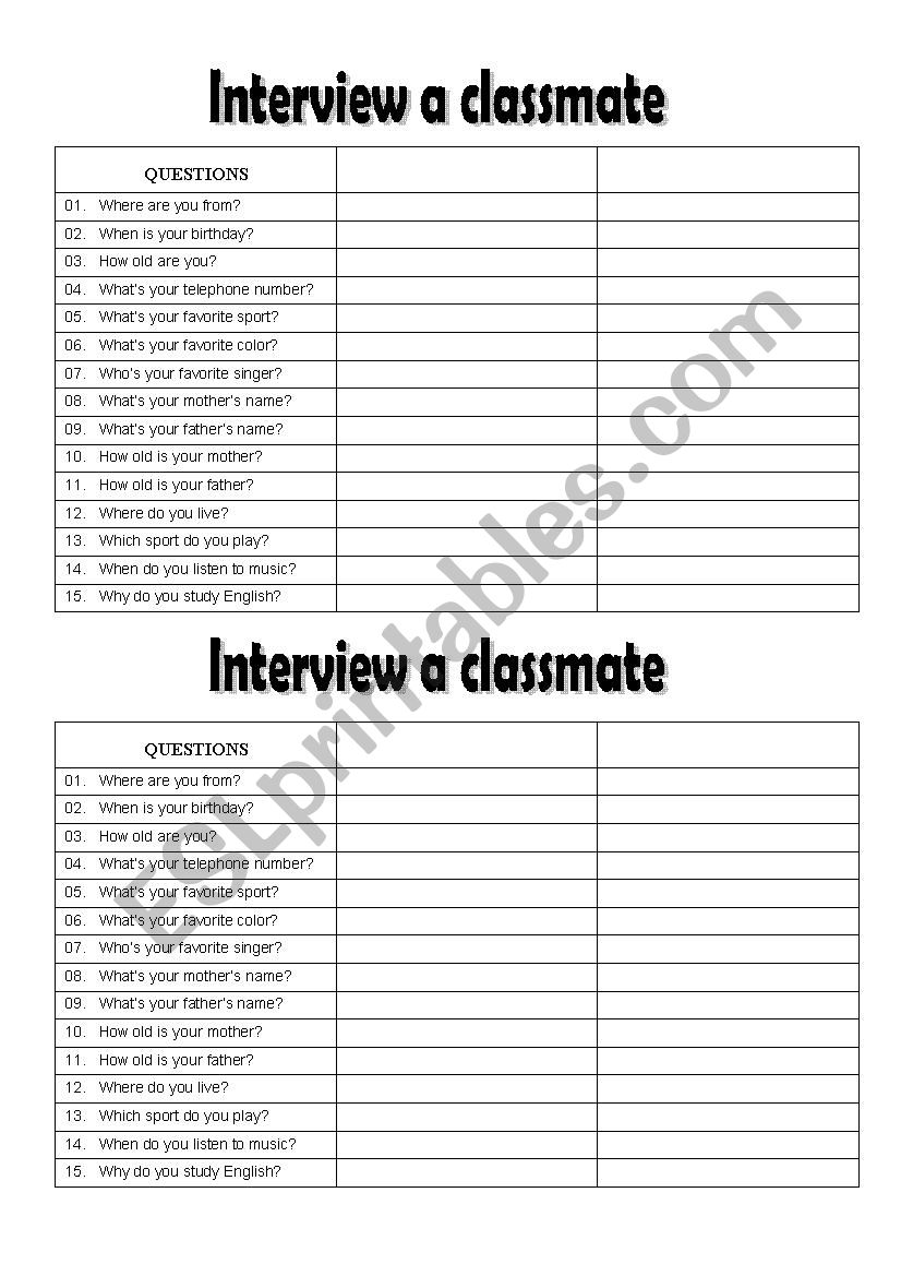 Interview a classmate worksheet