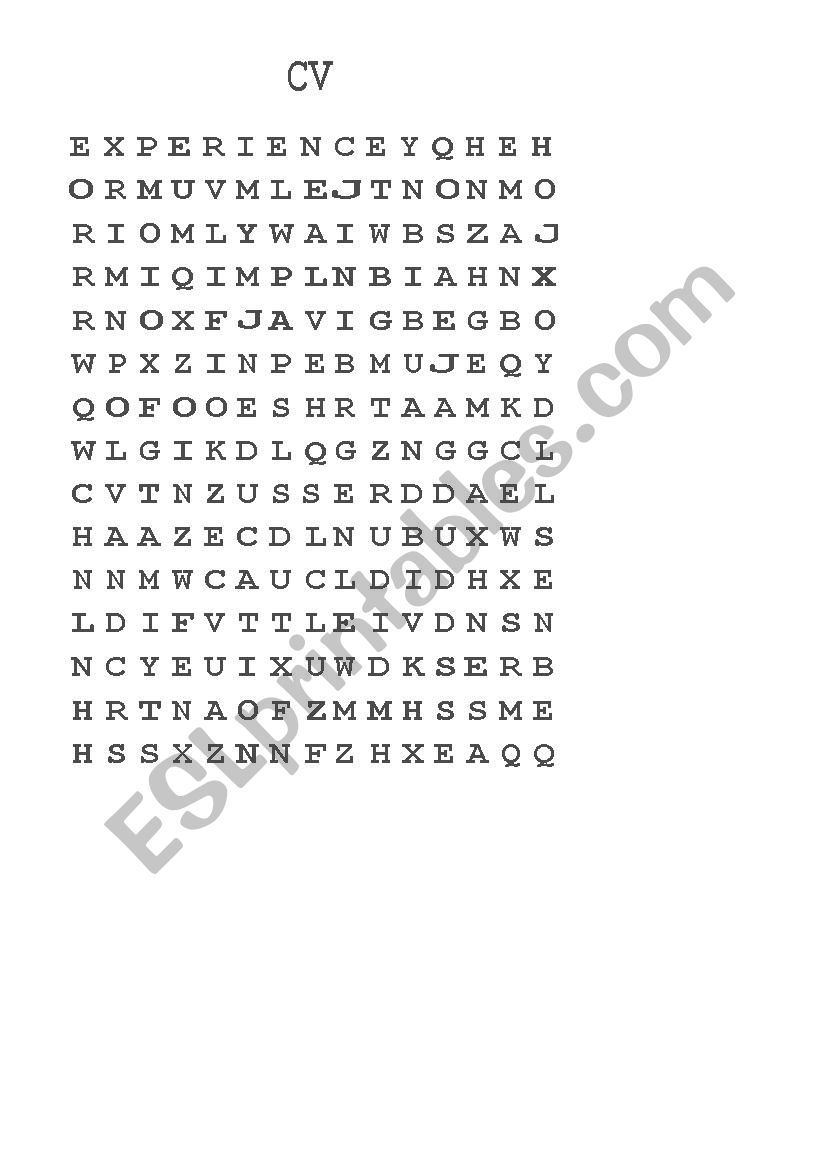 Word search parts of a CV worksheet