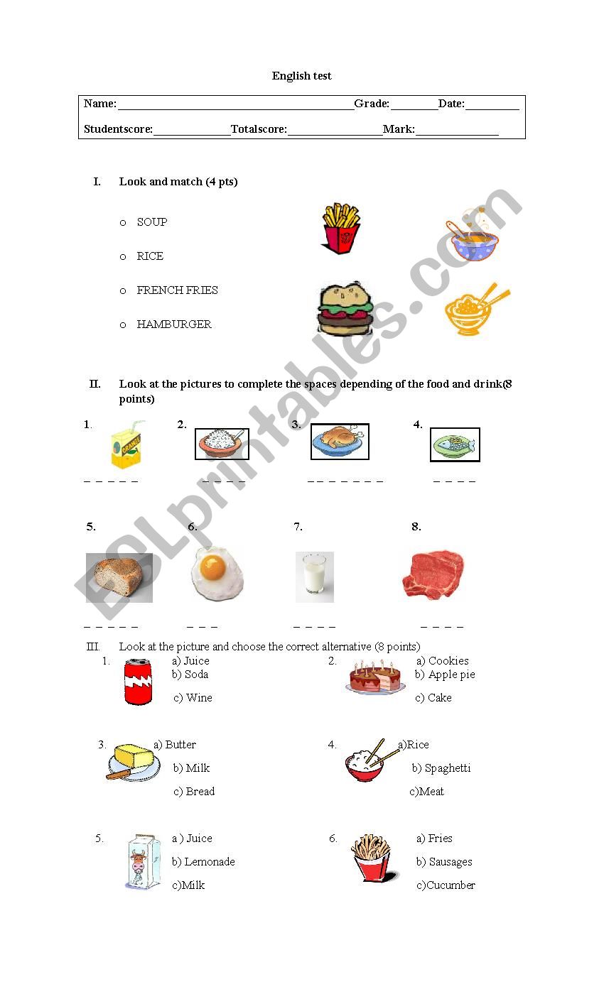 test food and drink worksheet