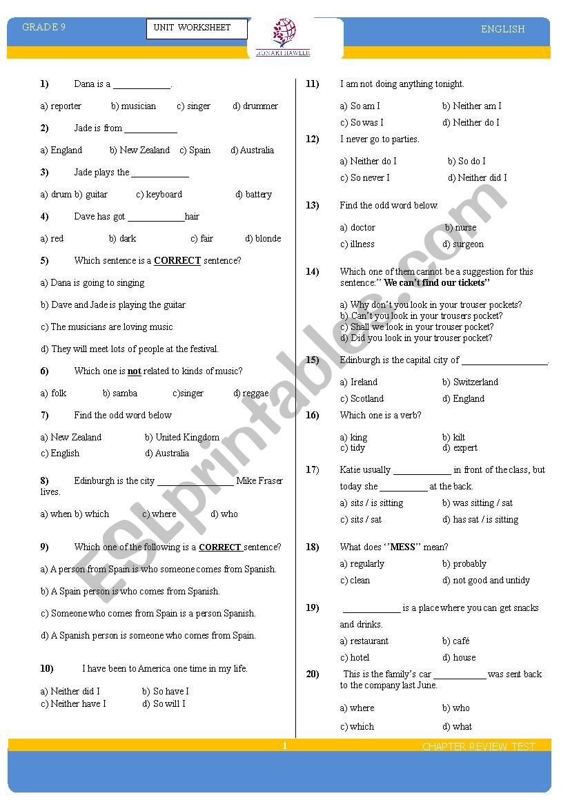 Sunrise 9 Unit 1-2-3 worksheet