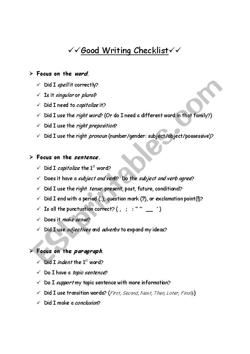 Good Writing Checklist worksheet