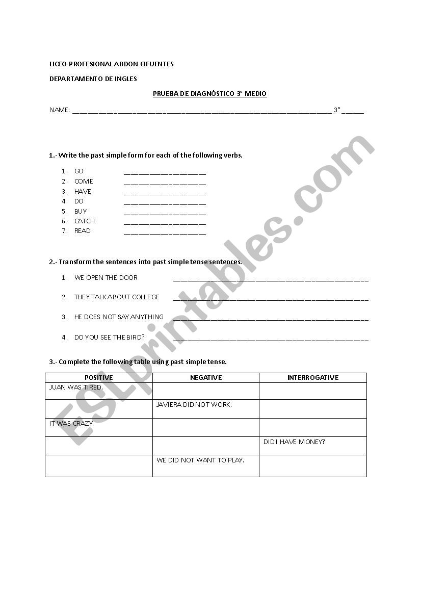 Diagnostic Test worksheet