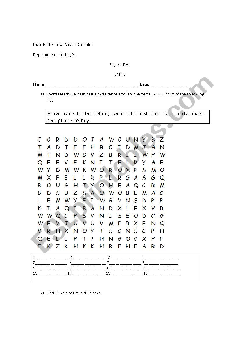 Grammar test worksheet