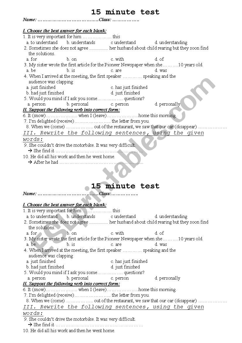 Mini test worksheet