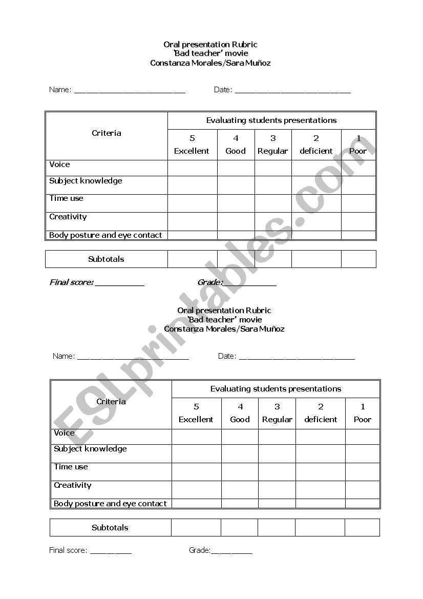 oral rubric worksheet