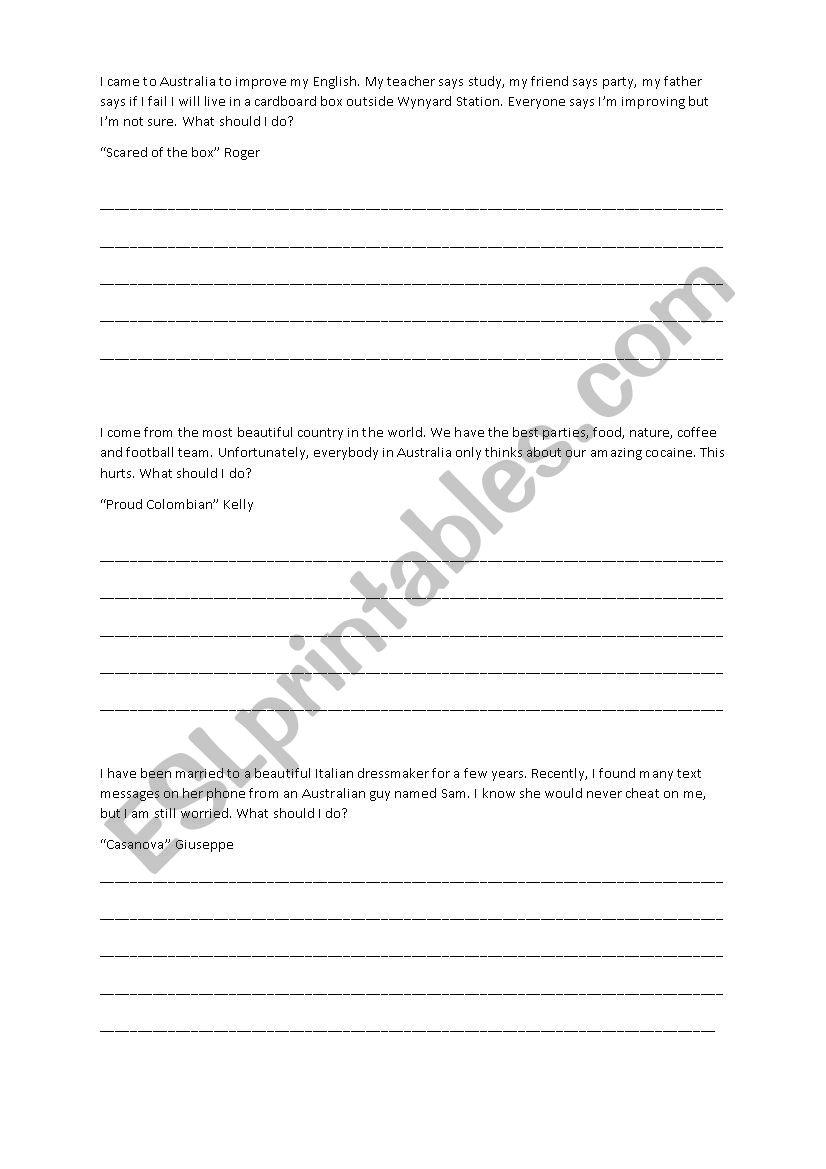 Advice Column ESL worksheet by Natzorz